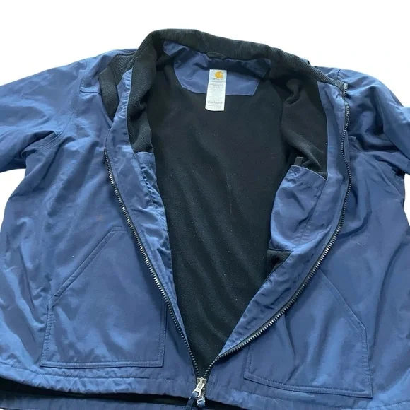 Carhartt Navy Blue Rain Jacket Full Zip Up Nylon Fleece Lined Size